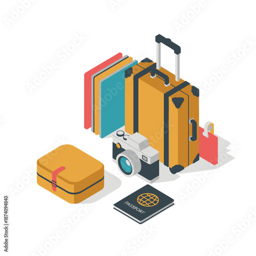 Isometric Travel Essentials Collection with Luggage and Camera.