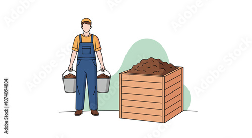 Young male gardener in blue overalls and a yellow cap carries two buckets filled with organic compost near a wooden recycling bin.