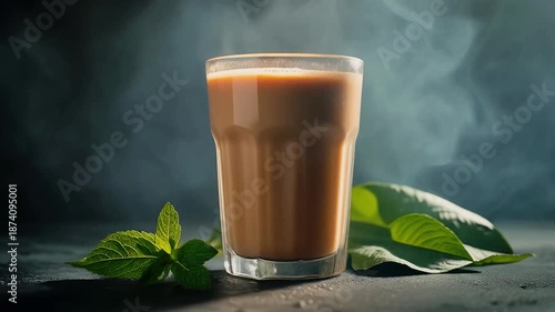 Strong tapri-style kadak chai in a glass with a smoky background and dramatic backlight, cinematic 4K.