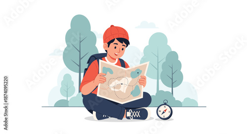 Young boy wearing a red hat sits in a forest and carefully studies a paper map with a compass lying on the ground next to him.