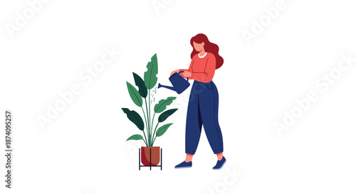 Woman with long wavy red hair stands in her apartment and uses a dark blue watering can to hydrate her large indoor green plant.