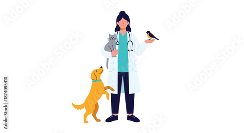 Professional female veterinarian in a white coat stands with a golden retriever dog, a gray cat, and a small bird on her hand.