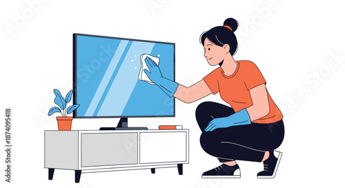 Young woman wearing blue protective gloves uses a white cleaning cloth to wipe dust and fingerprints off a flat screen television.