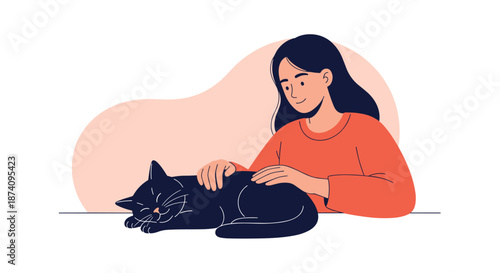 Young woman in a red sweater gently pets her sleeping black cat on a white table in a warm and peaceful domestic environment.