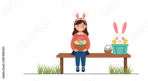 Happy young girl wearing white bunny ears sits on a wooden garden bench with a basket of decorated eggs and an easter bunny toy.