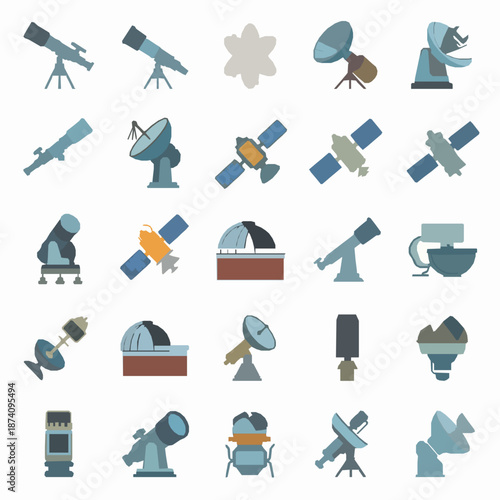 Space astronomy equipment vector illustration set with flat scientific space tools isolated on white