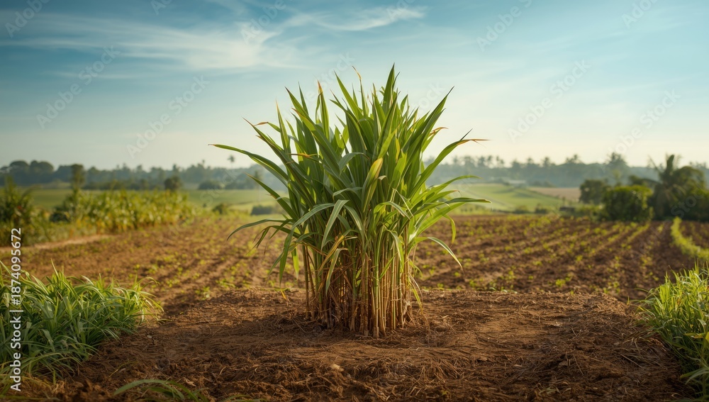 Fototapeta premium Sugarcane harvest scene in lush green fields highlighting crop production and environmental impact