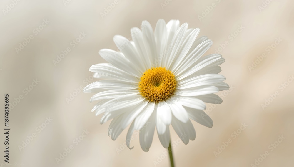 Fototapeta premium Detailed view of a white aster blossom with yellow core, suitable for botanical pattern backgrounds