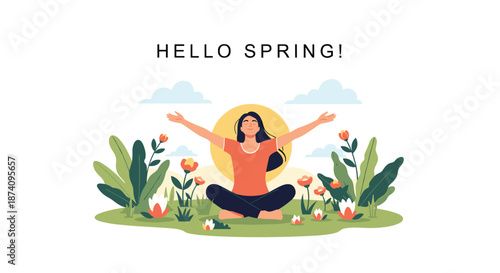 Young woman sitting in lotus pose on green grass meditating outdoors during spring season with hello spring text overlay.
