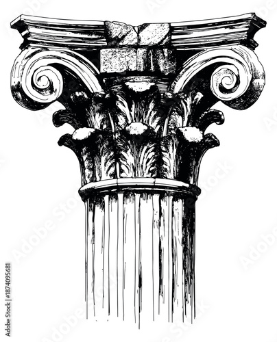 Hand drawn line art illustration of an ancient classical column capital depicting weathered architectural details for historical and artistic projects
