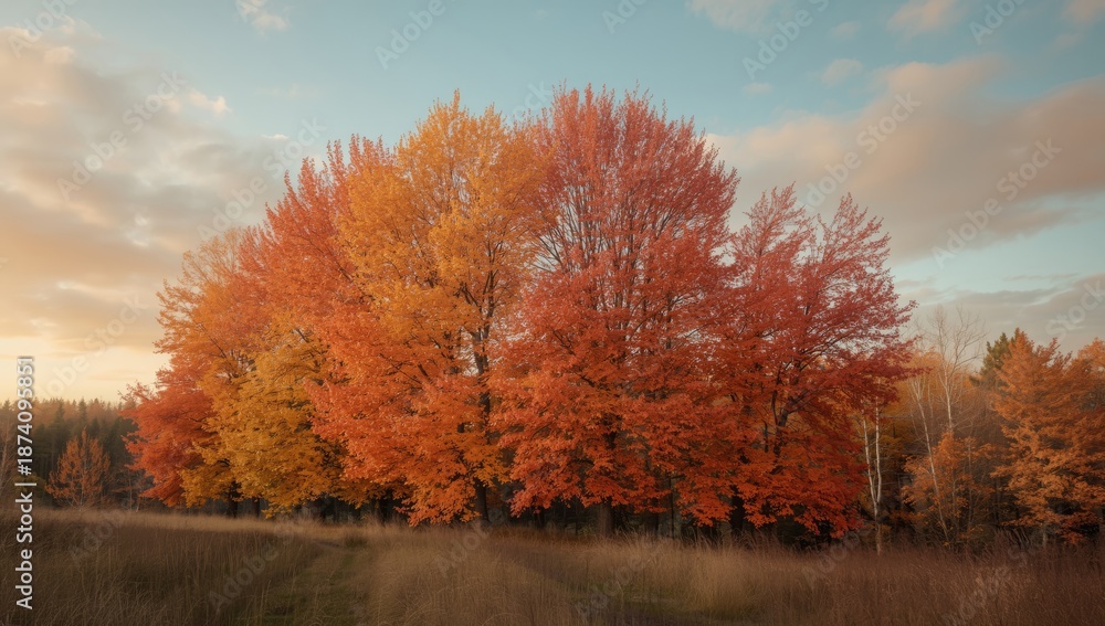 Fototapeta premium Colorful autumn trees with vibrant leaves, used as a backdrop for editorial design, seasonal change