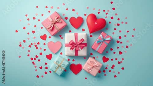 Pastel blue backdrop featuring presents and hearts for heartfelt messages, aligned with Valentines and Mothers Day celebrations