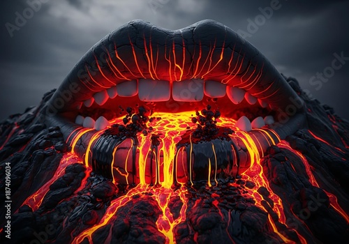 Surreal lava flowing from giant volcanic lips, dark artistic lava mouth with molten magma, fantasy lava concept for danger and power.