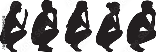 vector,silhouette of side view of a group of woman squatting on white
