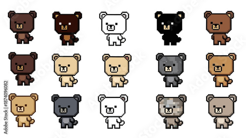Cute Pixel Art Bears in Retro 8-Bit Game Style