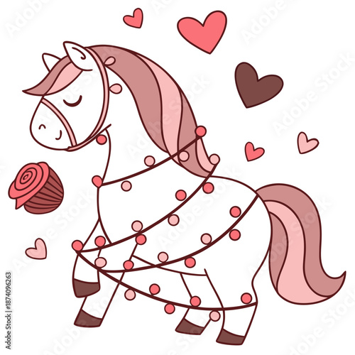 Cute SVG of a Peaceful Horse in Valentine Blush colors, featuring wrapped in fairy lights in a Valentine setting