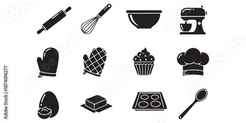 Baking Tools Icons. Baking tools. Solid icon set of Baking tools: rolling pin, spatula, mixing bowl, whisk, measuring cup, oven, baking tray, cake, muffin, Baking solid icon set vector icon black 