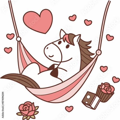 Cute Playful Horse, accessorized with in a hammock, in a Valentine world – Valentine Blush palette vector
