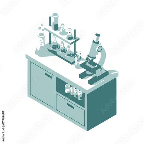 Laboratory bench with scientific equipment and microscope.