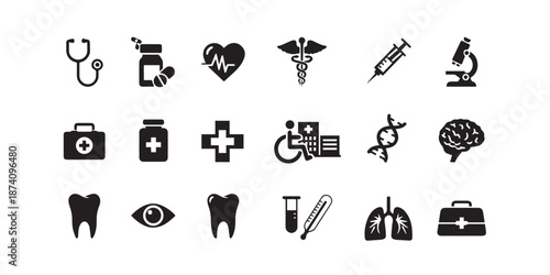 Healthcare Icon Set. Healthcare Routine. Solid icon set of Healt, Hospital administration solid icon set. Medical services, healthcare management icons.Medical and healthcare solid icon set vector 