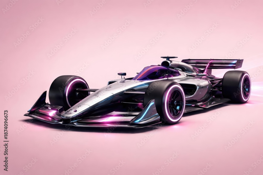 Fototapeta premium Futuristic Formula One racing vehicle on a muted pink background with copy space