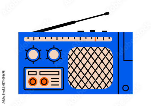 Hand drawn cute illustration of retro radio speaker. Flat vector old audio communication receiver sticker doodle. Analog entertainment. Vintage broadcasting device for news with antenna icon. Isolated