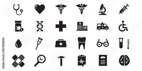Healthcare Icon Set. Healthcare Routine. Solid icon set of Healt, Hospital administration solid icon set. Medical services, healthcare management icons.Medical and healthcare solid icon set vector 