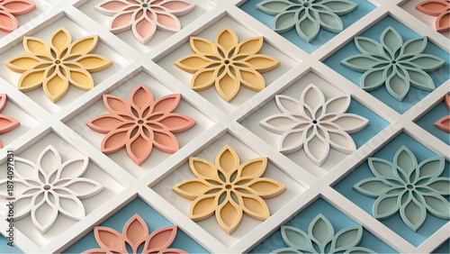Geometric floral pattern with orange, white, and blue paper-cut blossoms in a grid.