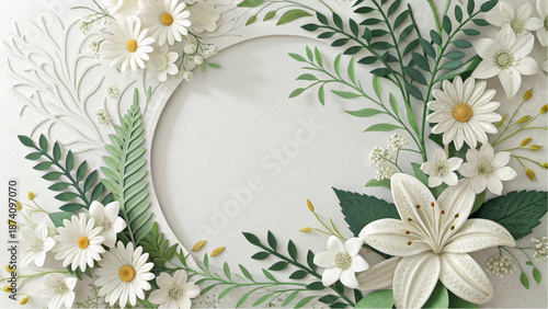 Detailed paper-cut nature scene with layered leaves and elegant white flowers.