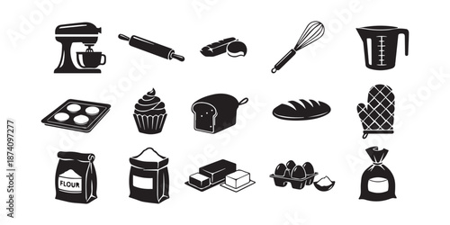 Baking Tools Icons. Baking tools. Solid icon set of Baking tools: rolling pin, spatula, mixing bowl, whisk, measuring cup, oven, baking tray, cake, muffin, Baking solid icon set vector icon black 