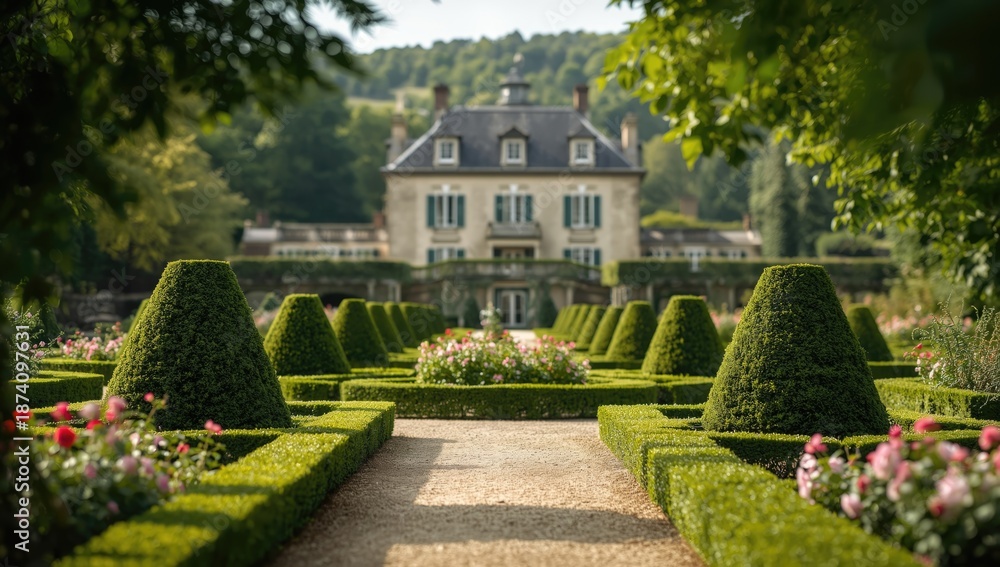 Fototapeta premium Pruned boxwood shrubs in a traditional French garden setting used as a layout backdrop