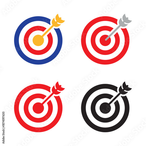 Set of colorful target icons with arrows hitting the center, symbolizing success, accuracy, focus, and goal achievement. Perfect for business strategy, marketing, motivation, planning, leadership
