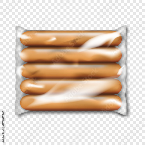 Sausage pack on transparent background. Realistic vector mockup. Clear glossy plastic pouch filled with thin long hot dog sausages. Mock-up. Meat snack package. Template for design