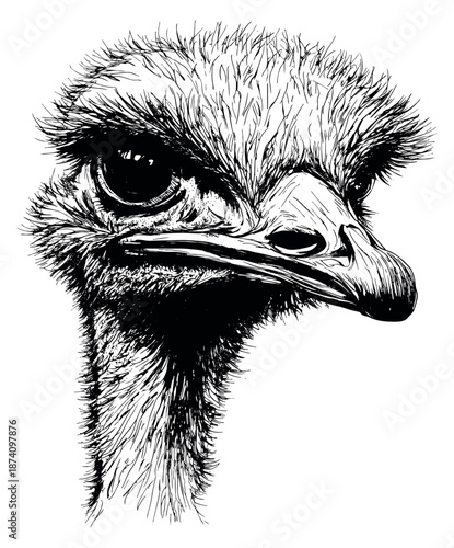 Hand drawn line art illustration of an ostrich head depicting a detailed portrait for wildlife themes