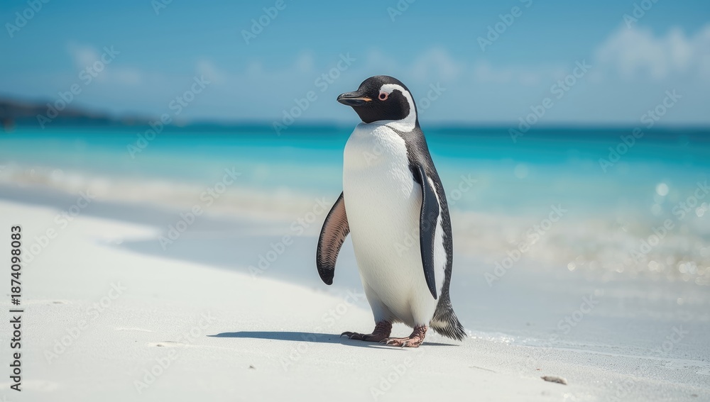 Fototapeta premium Gentoo penguin on a sandy beach in Falkland Islands, wildlife habitat conservation