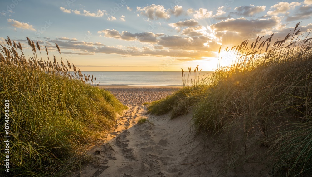 Fototapeta premium Sunset illuminates Baltic Sea shoreline with a sandy path, highlighting seasonal change and erosion concerns