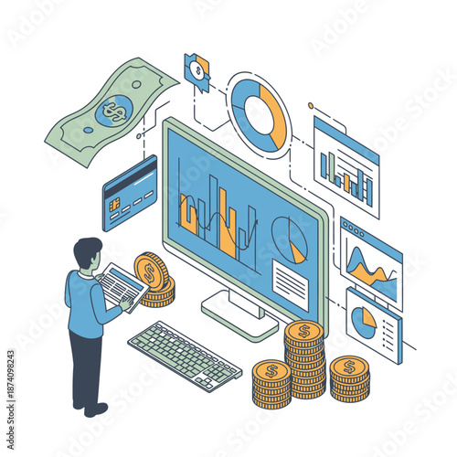Man analyzing financial data on computer screen with charts and graphs.