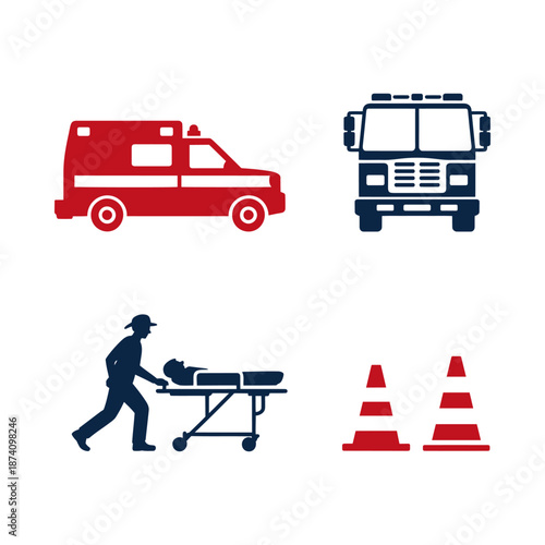 Emergency services and rescue transportation equipment silhouettes