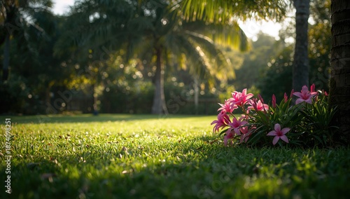 Cluster of pink ixora in a park setting used as a decorative background for editorial design, lush flowering shrub in urban green space
