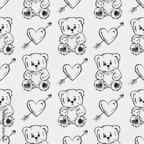 Hand drawn romantic seamless pattern ready for packaging paper print. Plush teddy and heart with arrow. Valentine's day design. Vector sketch illustration in vintage crayon charcoal style