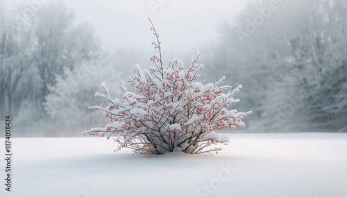 Snow-covered flowering currant shrub, winter landscape, seasonal change, holiday and observance not applicable