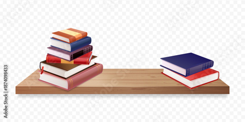 Realistic bookshelf. Book wooden shelf, books stack school college university home library bookstore shelves education study concept textbook wood rack mockup vector illustration