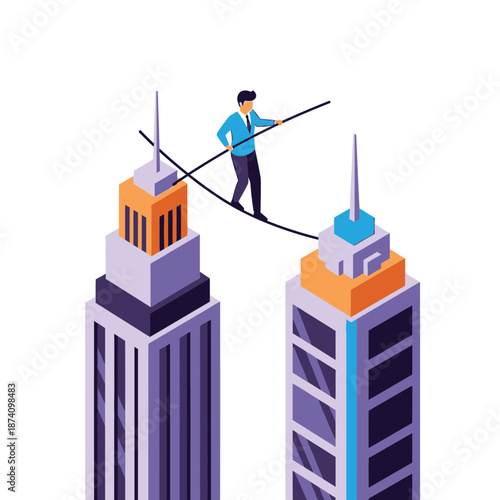 Man balancing on tightrope between two skyscrapers.