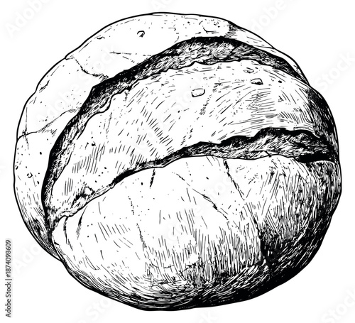 Hand drawn line art illustration of a loaf of bread depicting a rustic, round form for food and bakery designs