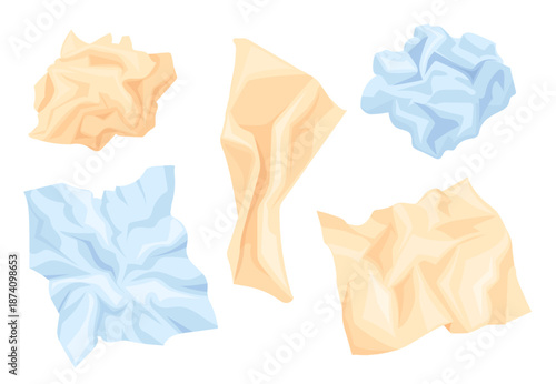 Crumpled paper balls. Cartoon crush paper sheets lumps, paperwaste trash notebook page crumple ball recycling waste crinkled sheet used napkins tissue, set neat vector illustration