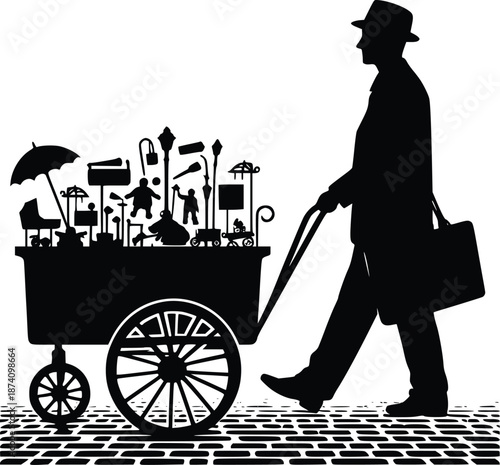 Man pushing cart of antiques