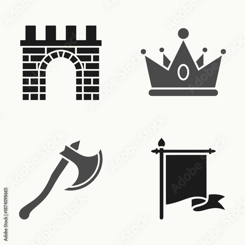 Medieval silhouette set with fortress gate, royal crown, battle axe, and heraldic banner
