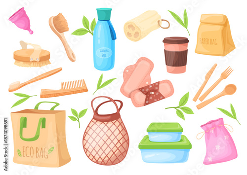 Zero waste items. Reusable products, nature elements kitchen utensils wood brush eco friendly lifestyle biodegradable product refuse plastic, cartoon set neat vector illustration