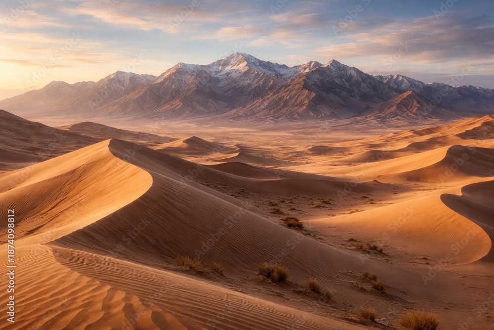 Fototapeta premium Vast desert landscape featuring towering sand dunes and a grand mountain range beneath a calm sky