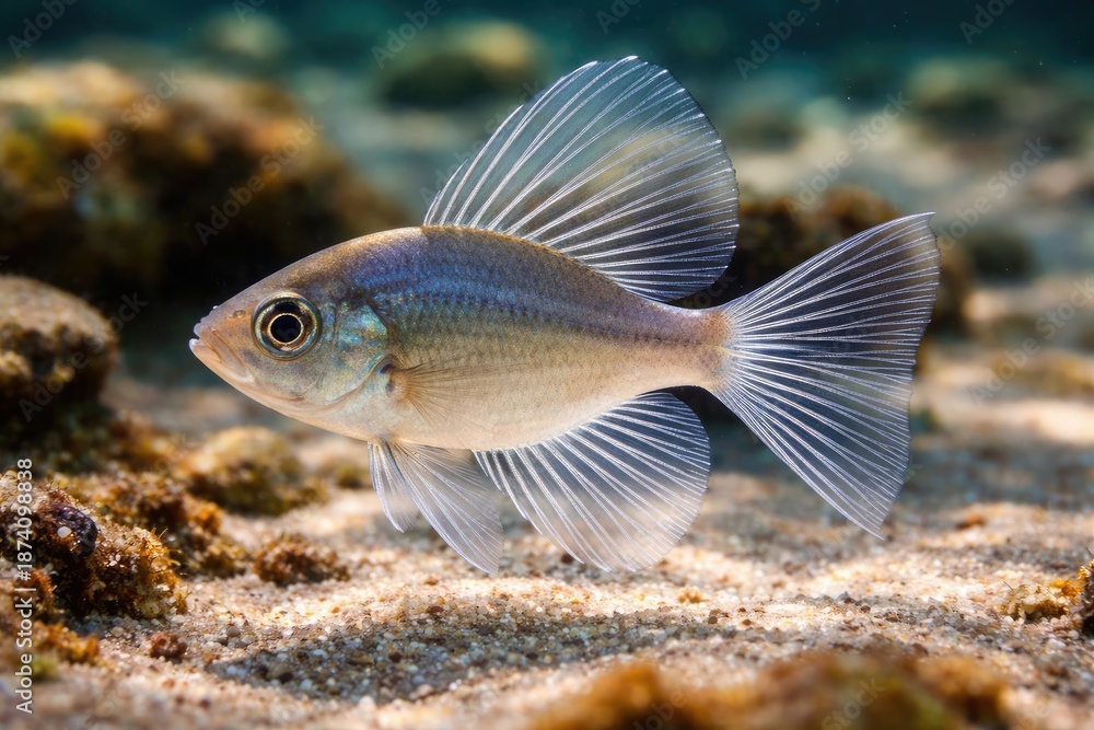 Fototapeta premium Shortfin fish with translucent fins in shallow waters